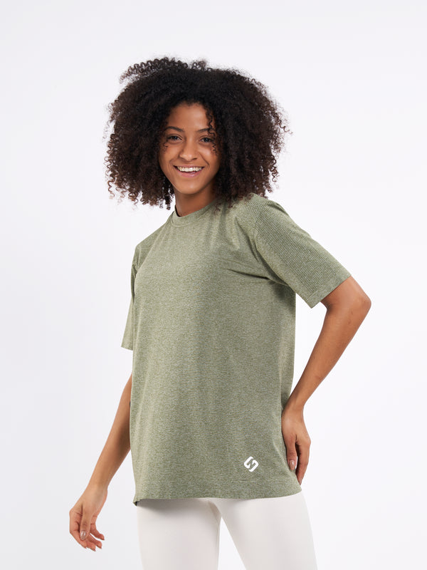 Color_Zen Khaki | A Woman Wearing Zen Khaki Color Unisex Seamless Melange T-Shirt. Enhanced Comfort