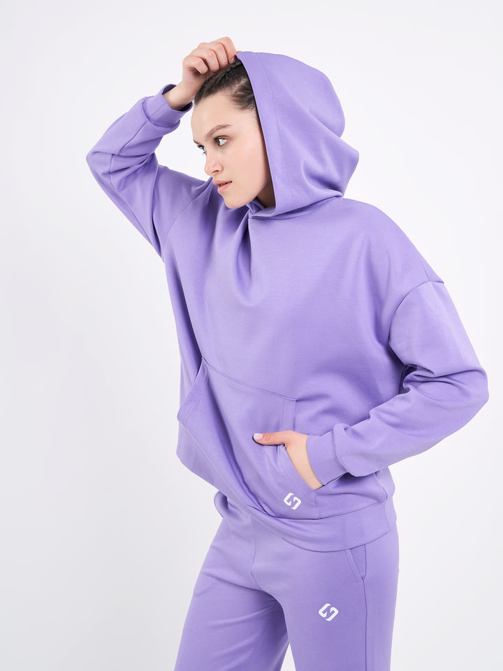 A Woman Wearing Lavender Fields Color Durable Oversized Comfort Hoodie for All-Day Wear