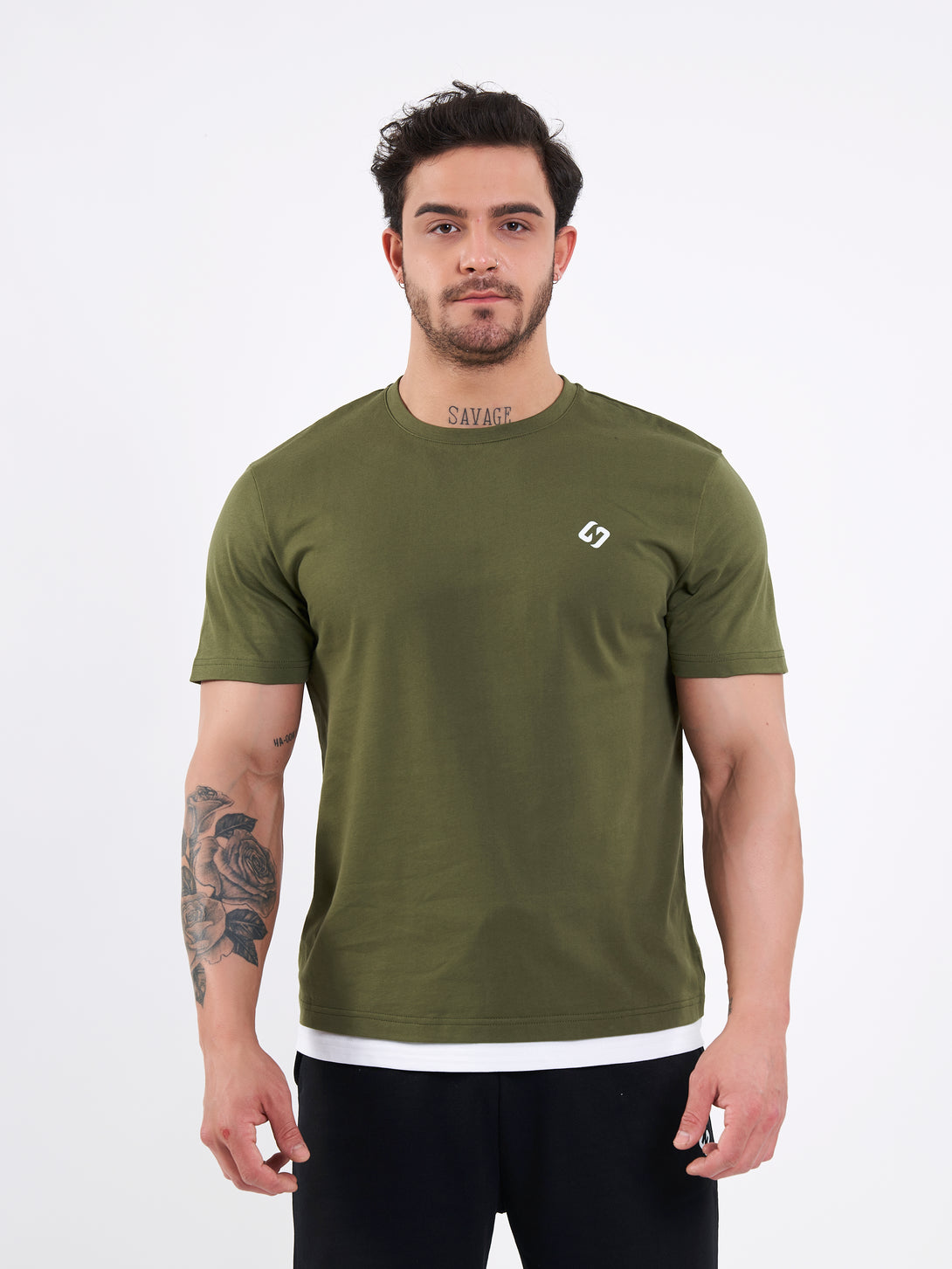 A Man Wearing Zen Khaki Color Men's Layered Heavyweight Crew Neck T-Shirt. Regular Fit