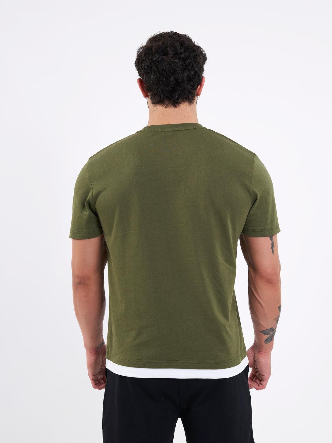 A Man Wearing Zen Khaki Color Men's Layered Heavyweight Crew Neck T-Shirt. Regular Fit