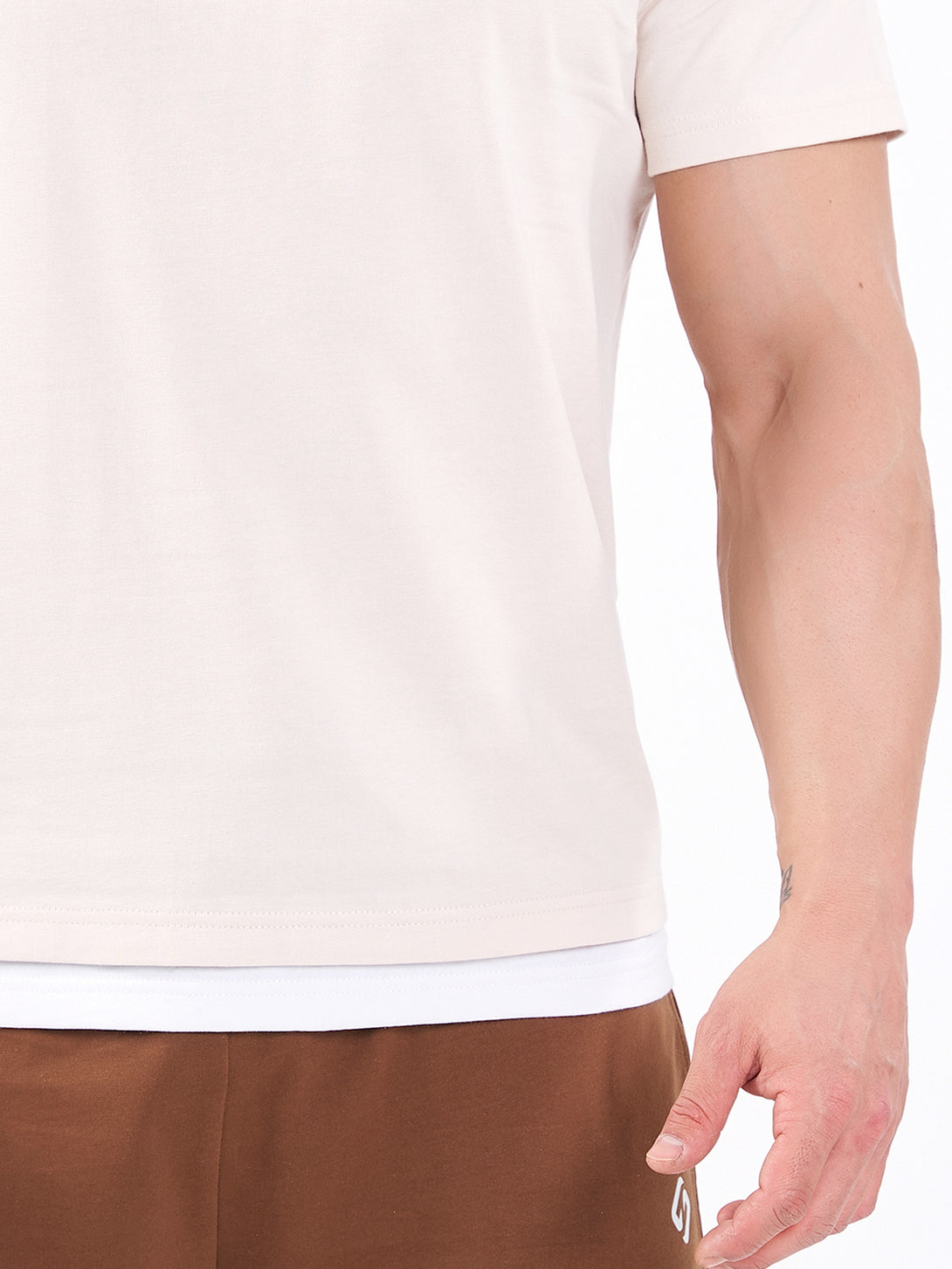 A Man Wearing White Sand Color Men's Layered Heavyweight Crew Neck T-Shirt. Regular Fit