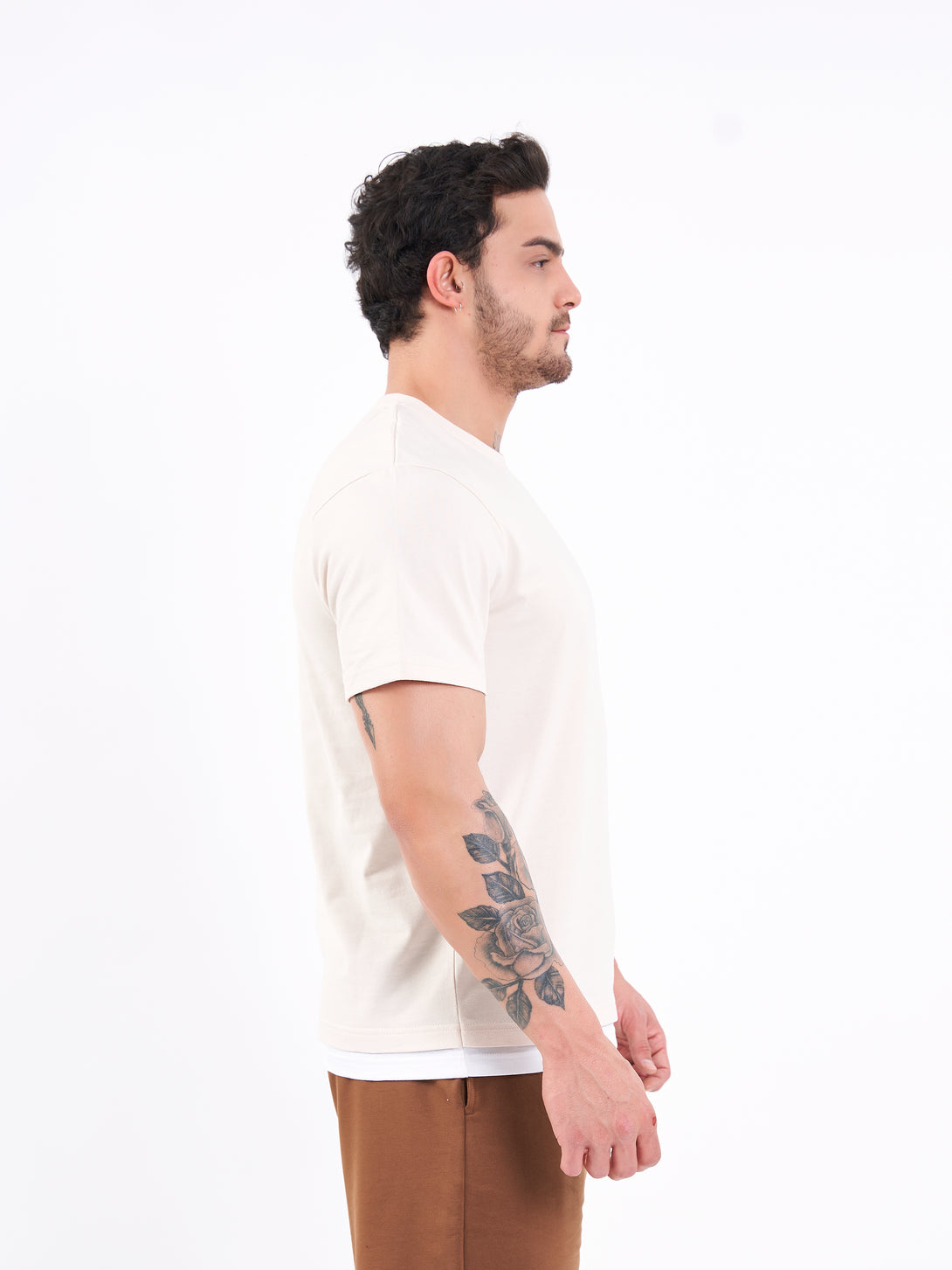 A Man Wearing White Sand Color Men's Layered Heavyweight Crew Neck T-Shirt. Regular Fit