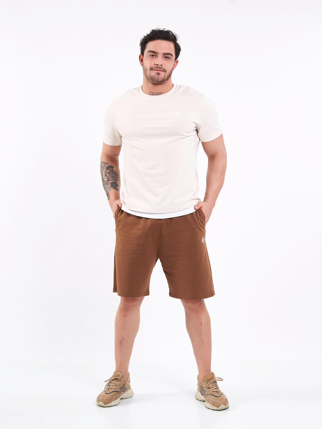 A Man Wearing White Sand Color Men's Layered Heavyweight Crew Neck T-Shirt. Regular Fit