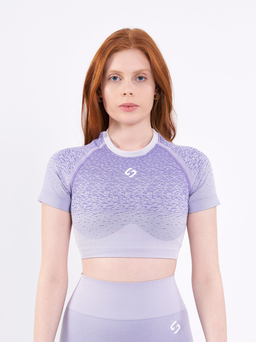 A Woman Wearing Paisley Purple Color Seamless Crop Top with Ombre Effect. Chic Comfort