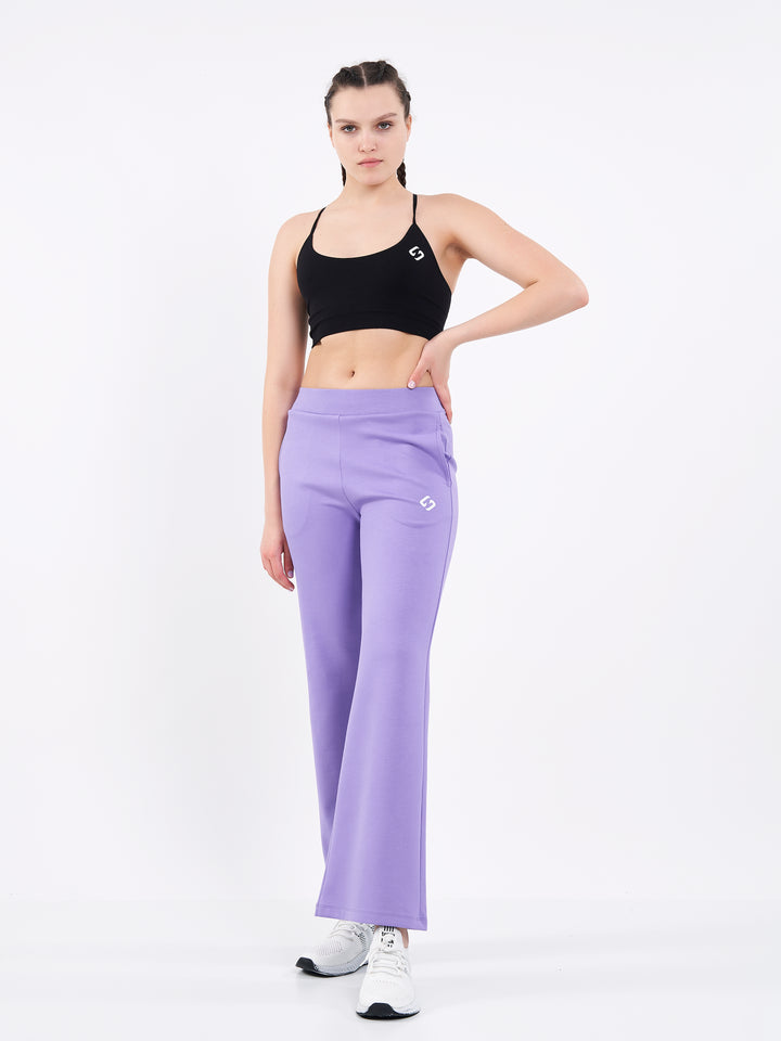 A Woman Wearing Lavender Fields Color Durable Flare-Leg Comfort Joggers for All-Day Wear
