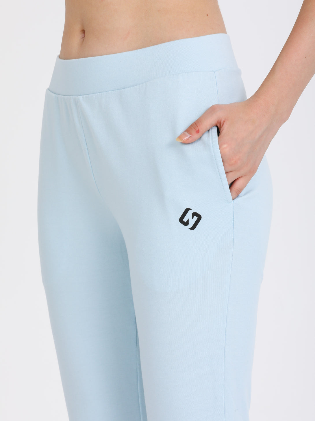 A Woman Wearing Baby Blue Color All-Day Womens Jersey Jogger