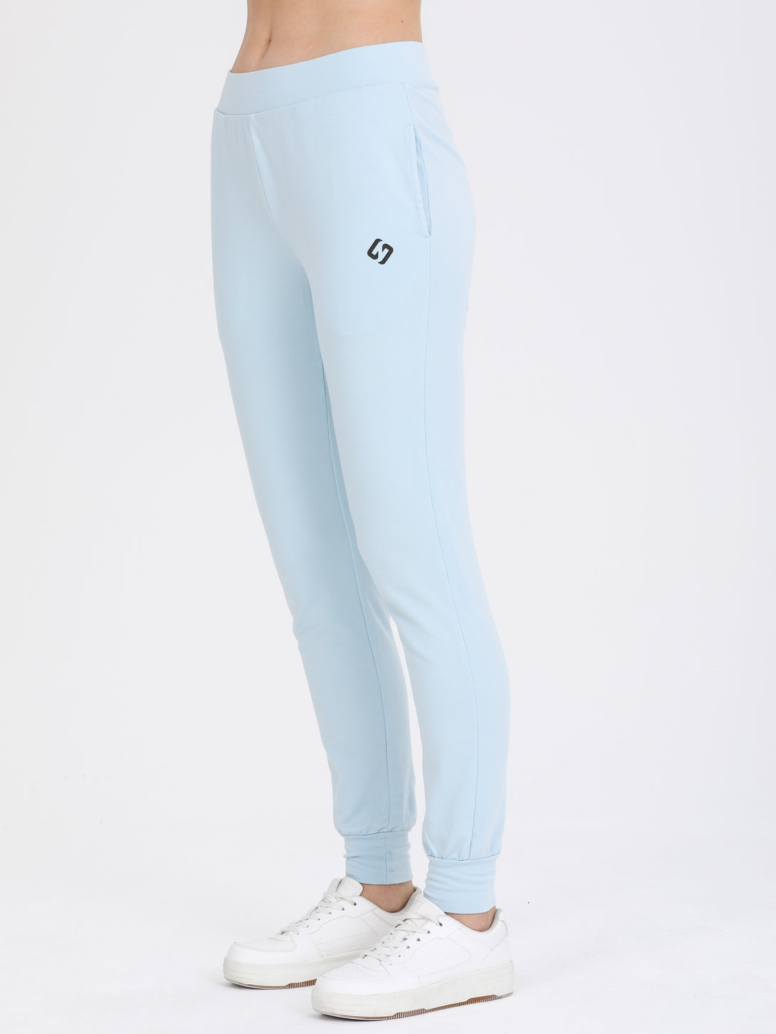 A Woman Wearing Baby Blue Color All-Day Womens Jersey Jogger