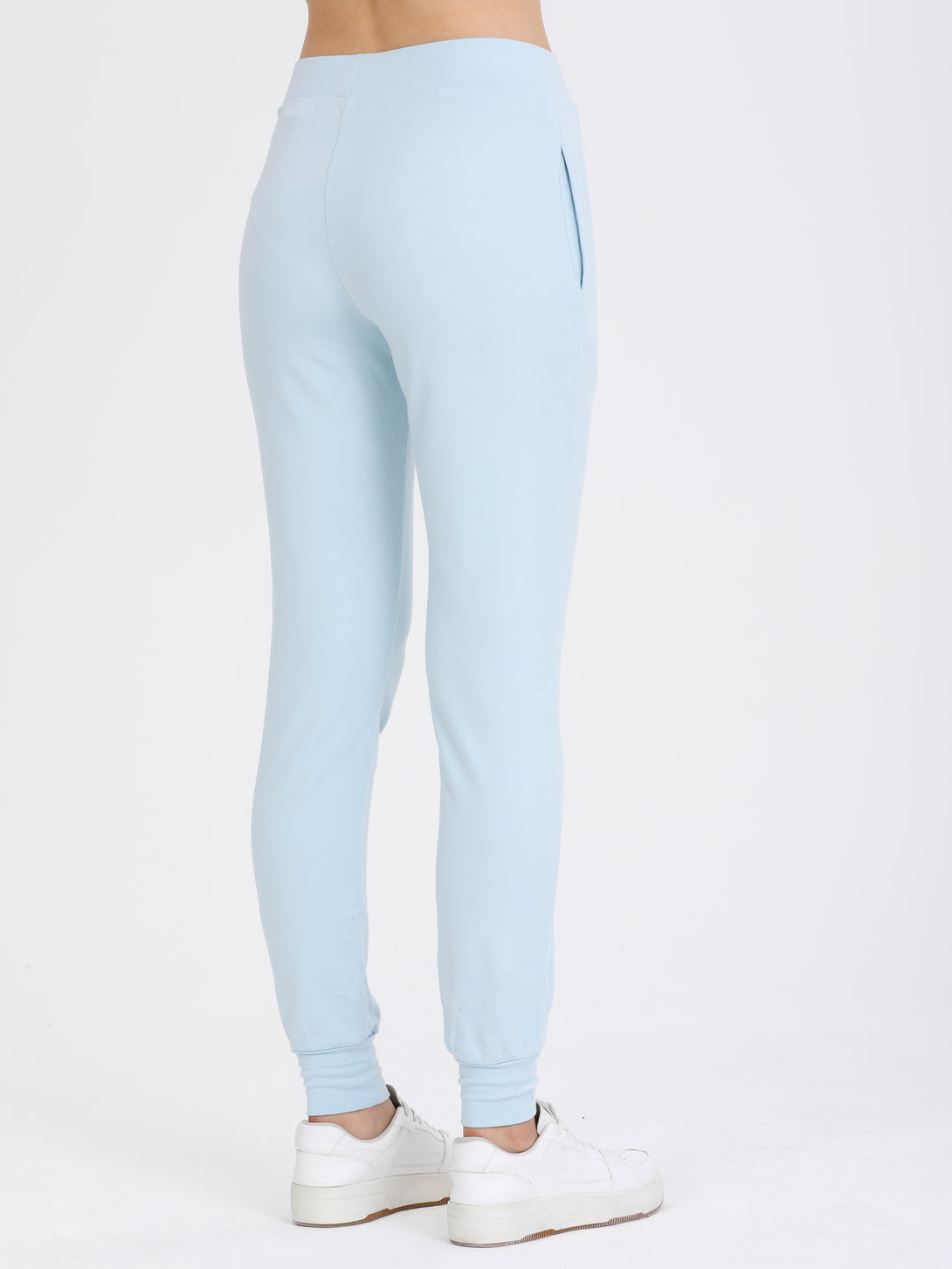 A Woman Wearing Baby Blue Color All-Day Womens Jersey Jogger