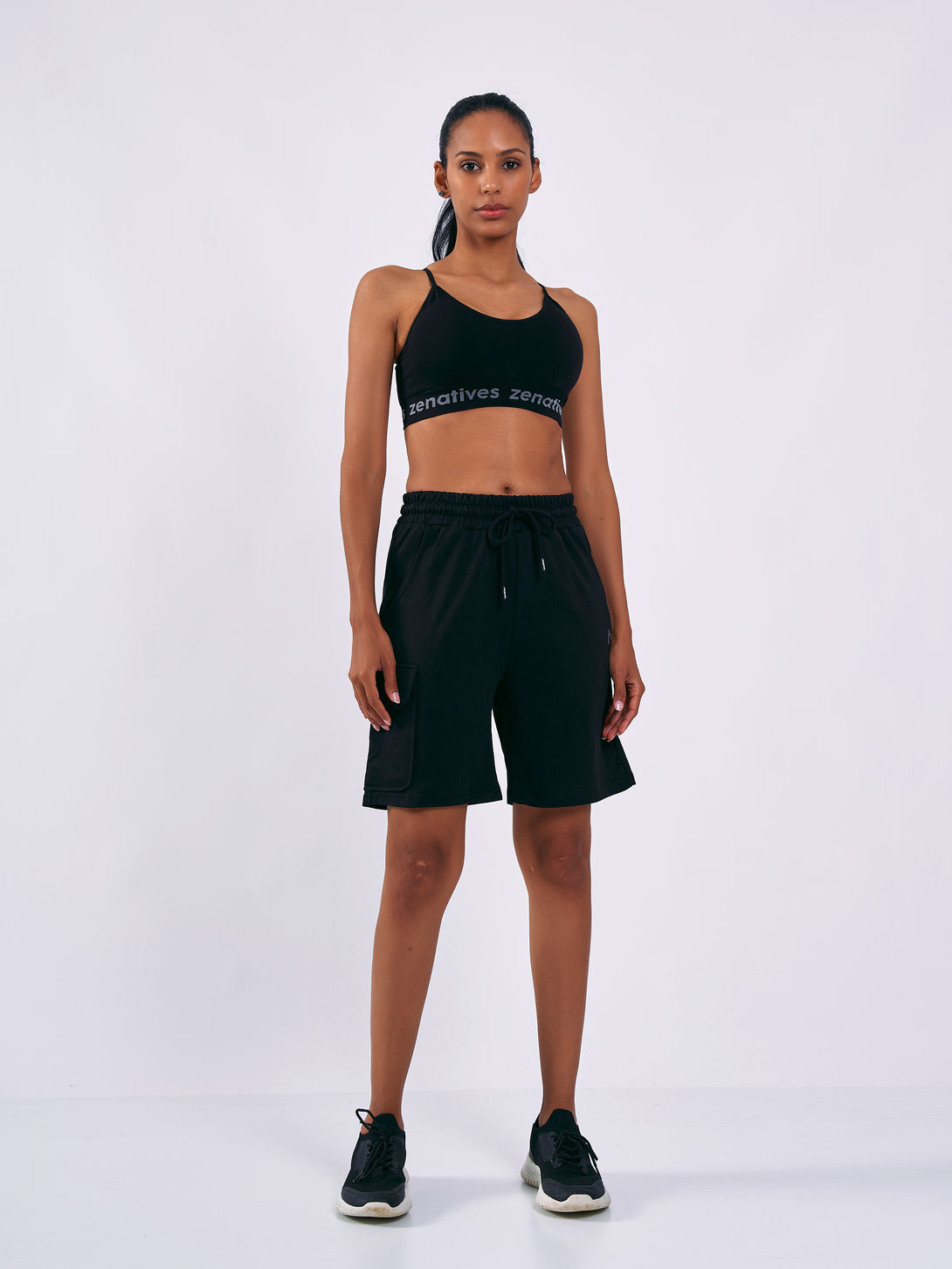 A Woman Wearing Deep Black Color Women Cargo Sweatshort