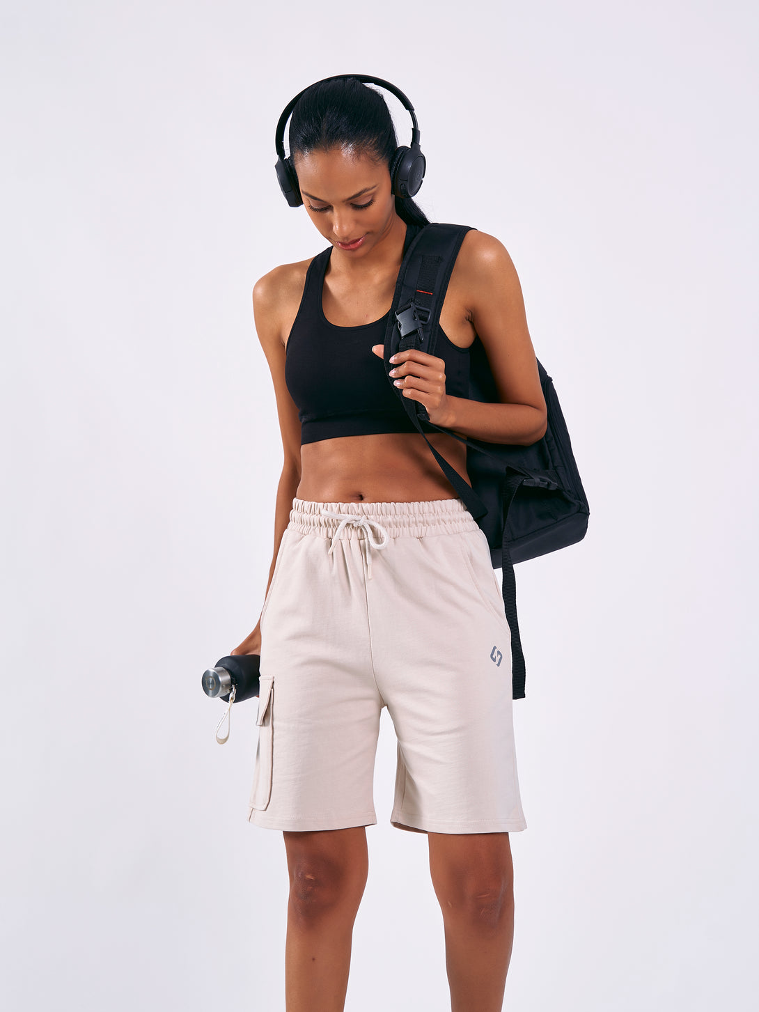 A Woman Wearing Light Beige Color Women Cargo Sweatshort