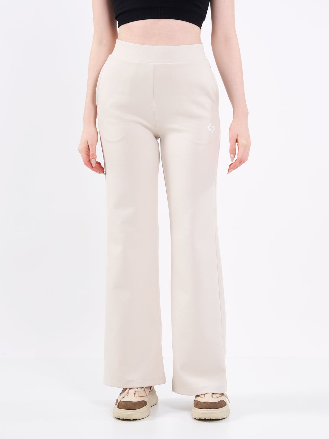 A Woman Wearing White Sand Color Durable Flare-Leg Comfort Joggers for All-Day Wear