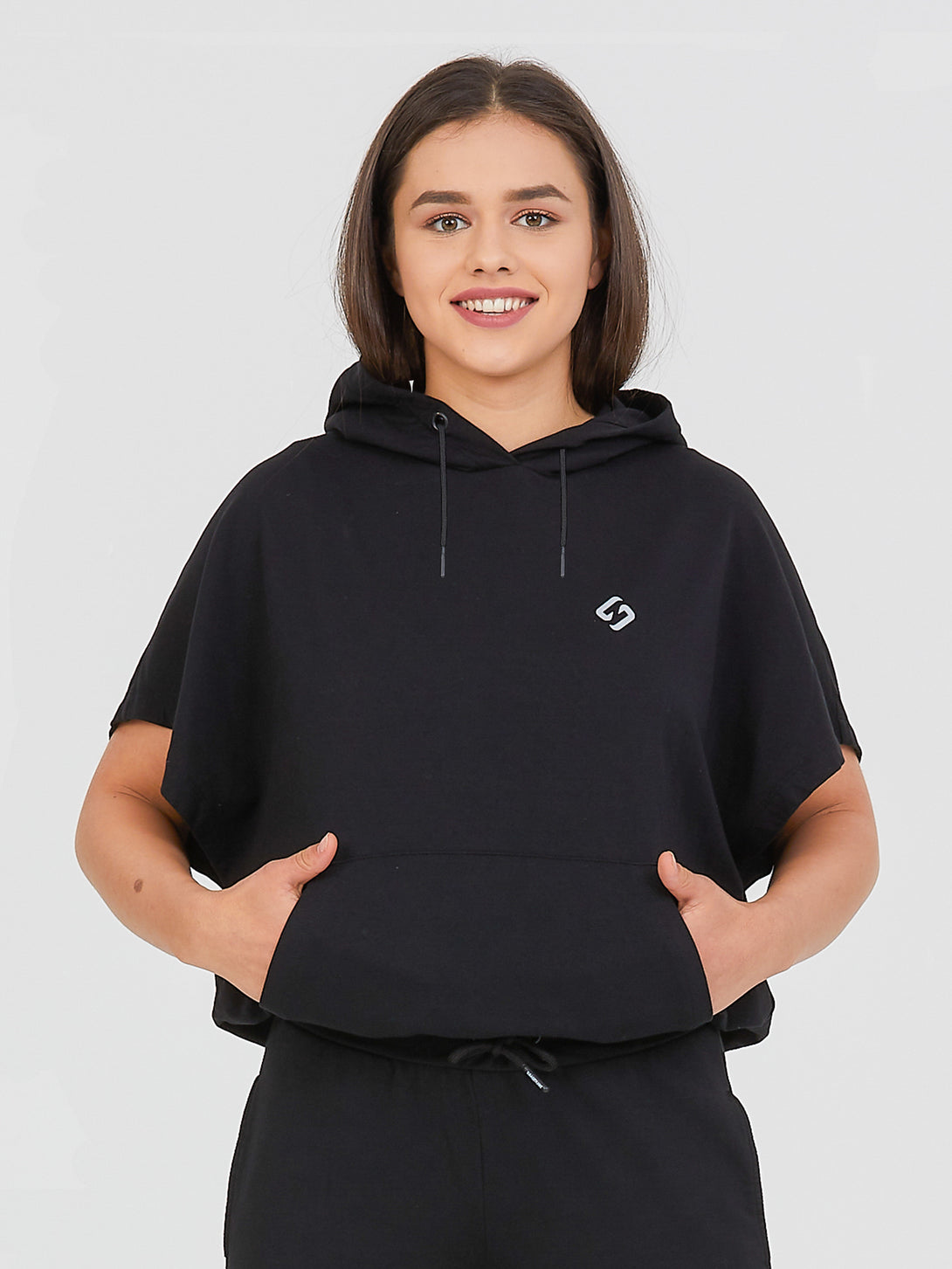 A Woman Wearing BlackColor All-Day Essential Sweatshirt