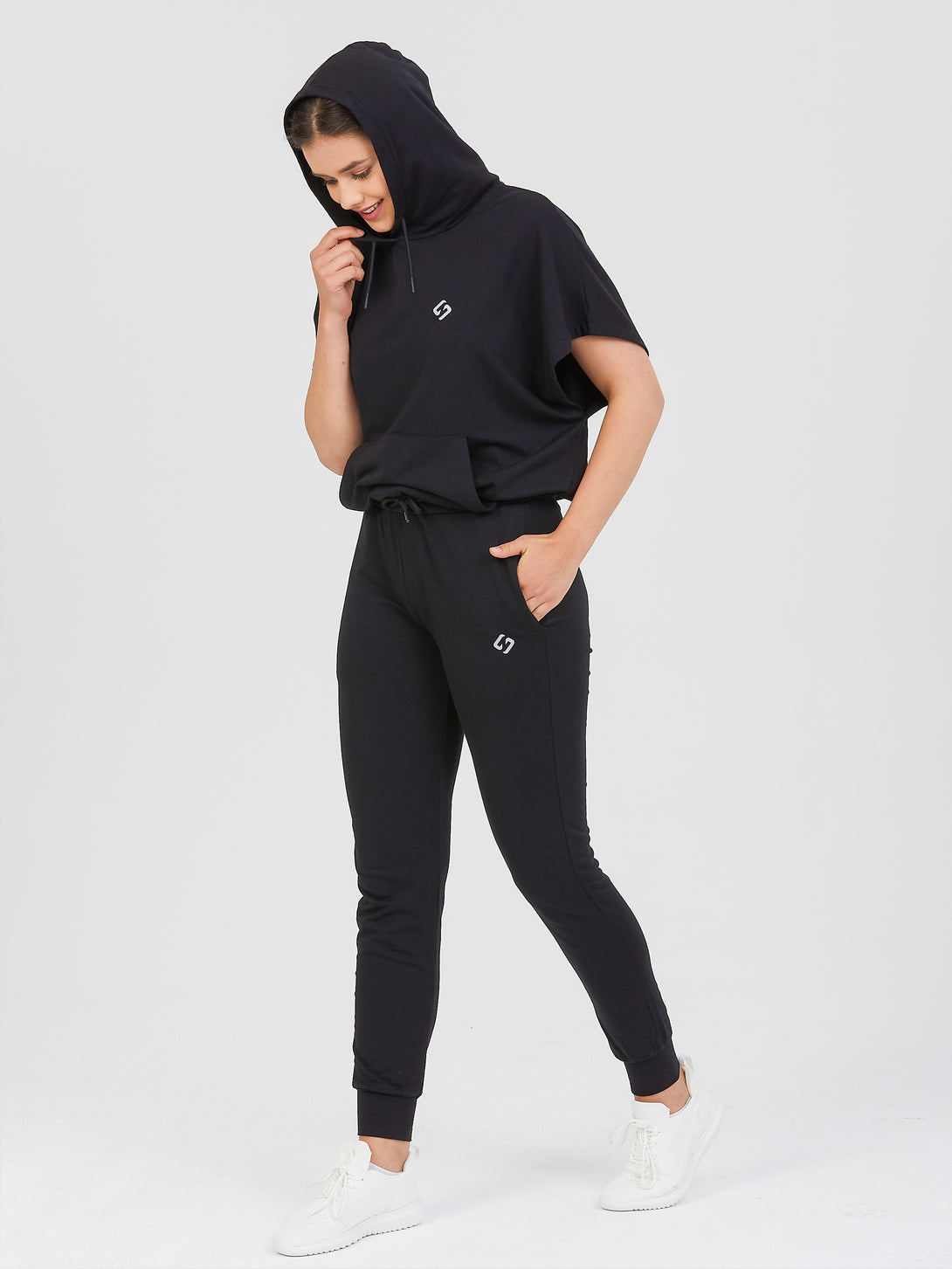 A Woman Wearing BlackColor All-Day Essential Sweatshirt