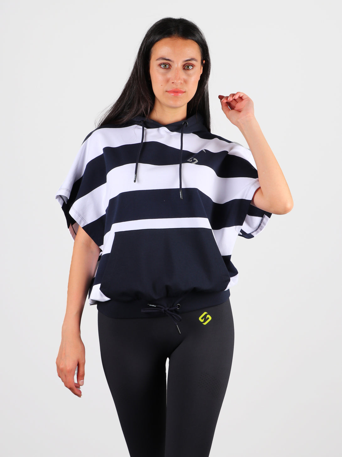 A Woman Wearing Navy Stripe Color All-Day Essential Sweatshirt