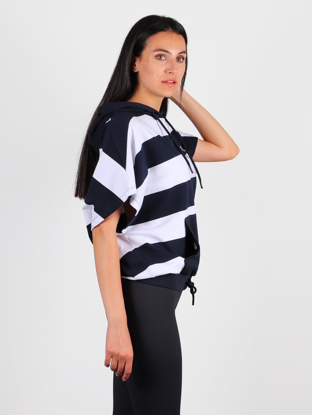 A Woman Wearing Navy Stripe Color All-Day Essential Sweatshirt