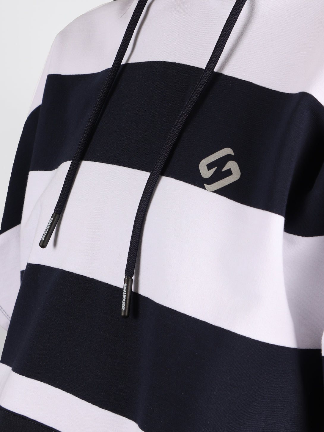 A Woman Wearing Navy Stripe Color All-Day Essential Sweatshirt