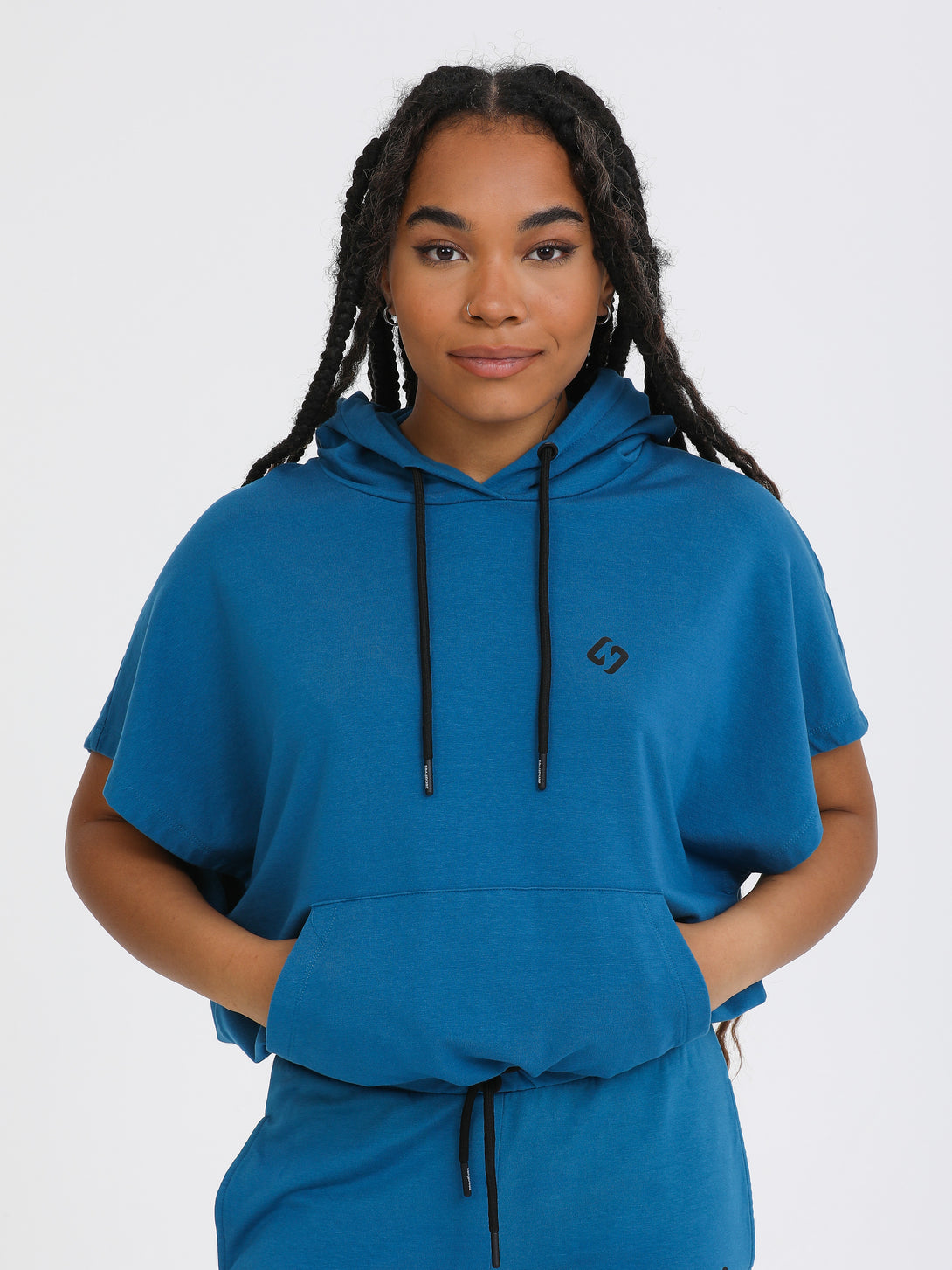 A Woman Wearing Saxony Blue Color All-Day Essential Sweatshirt
