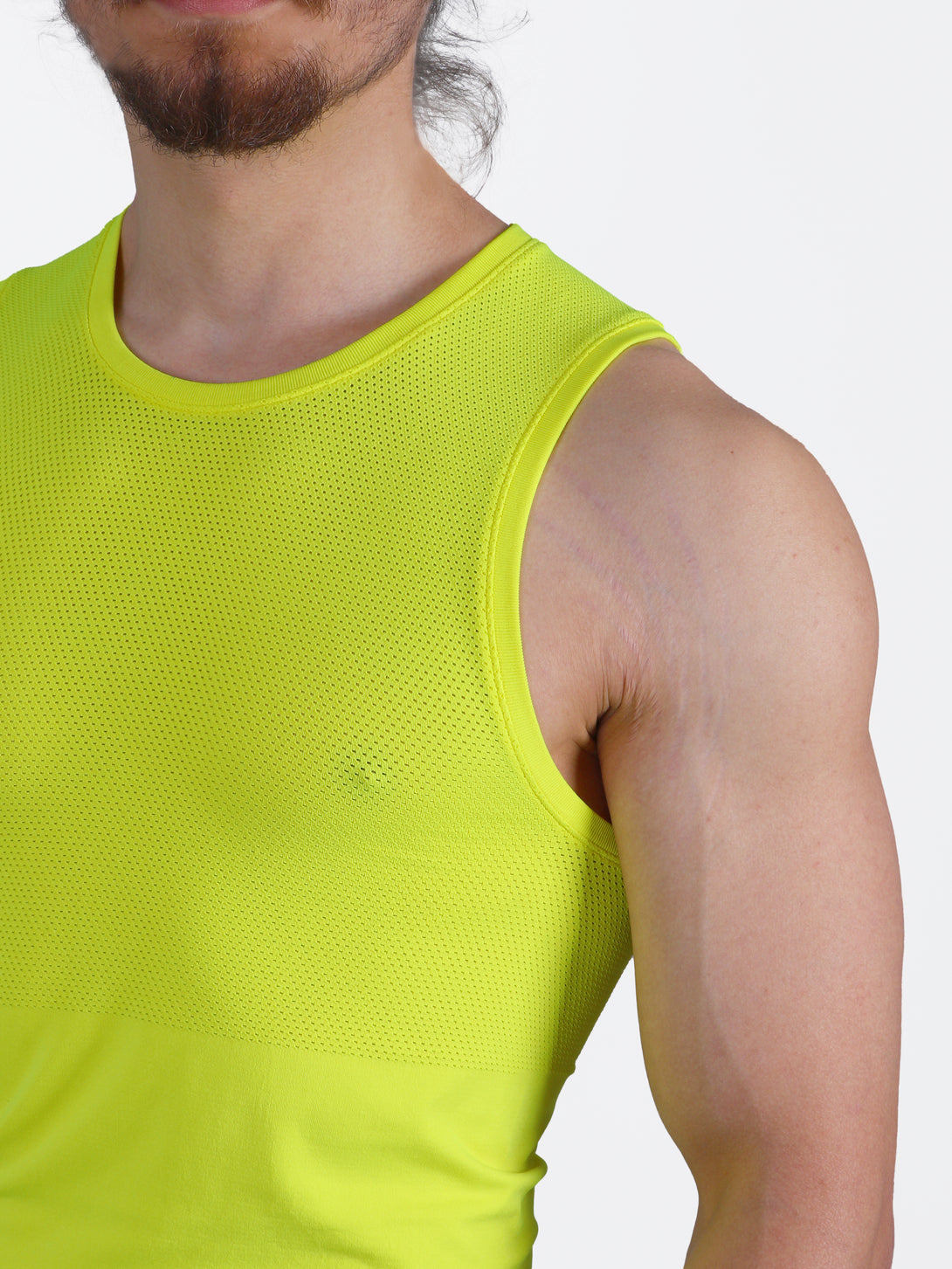 A Man Wearing Lime Color Seamless Mens Mesh Tank Top