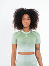 Color_Mist Green | A Woman Wearing Mist Green Color Seamless Crop Top with Ombre Effect. Chic Comfort