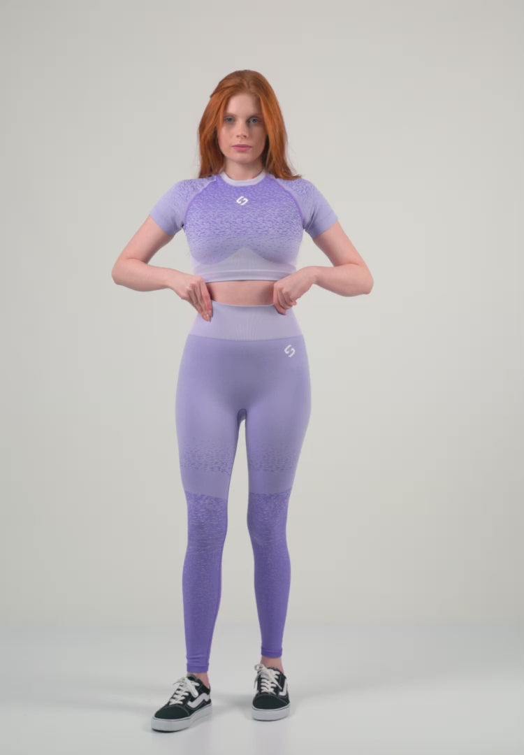 A Woman Wearing Paisley Purple Color Seamless Crop Top with Ombre Effect. Chic Comfort