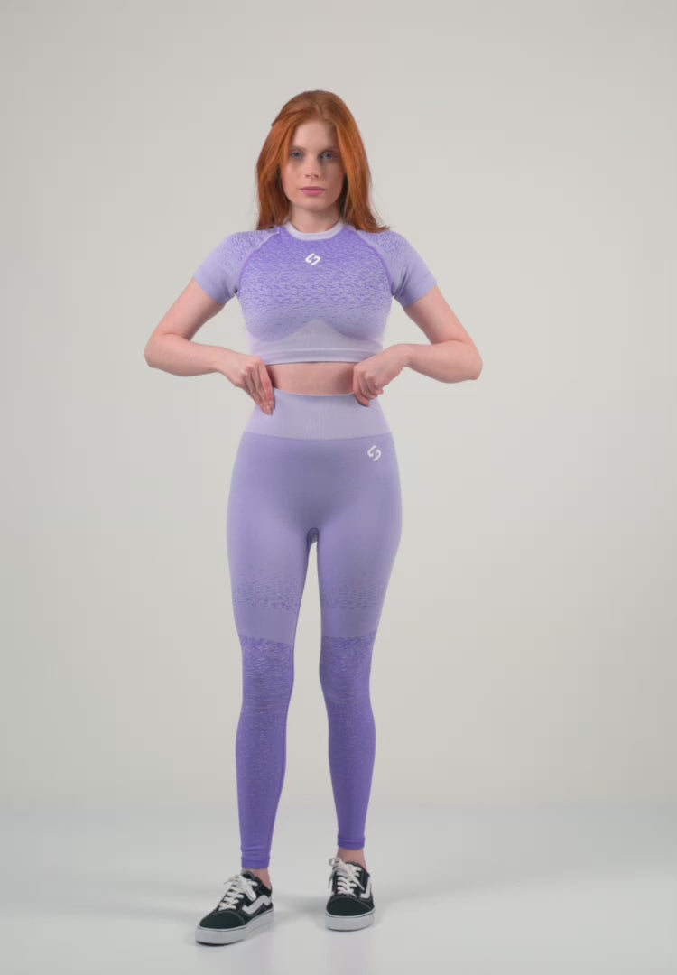 Color_Paisley Purple | A Woman Wearing Paisley Purple Color Seamless Crop Top with Ombre Effect. Chic Comfort
