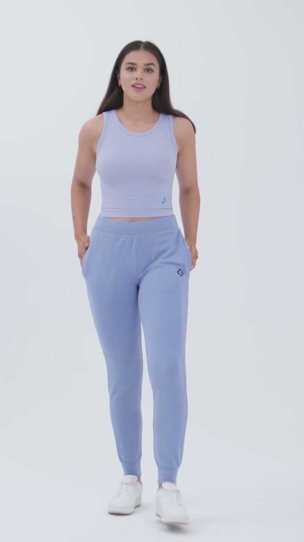 A Woman Wearing Purple Impression Color All-Day Womens Jersey Jogger