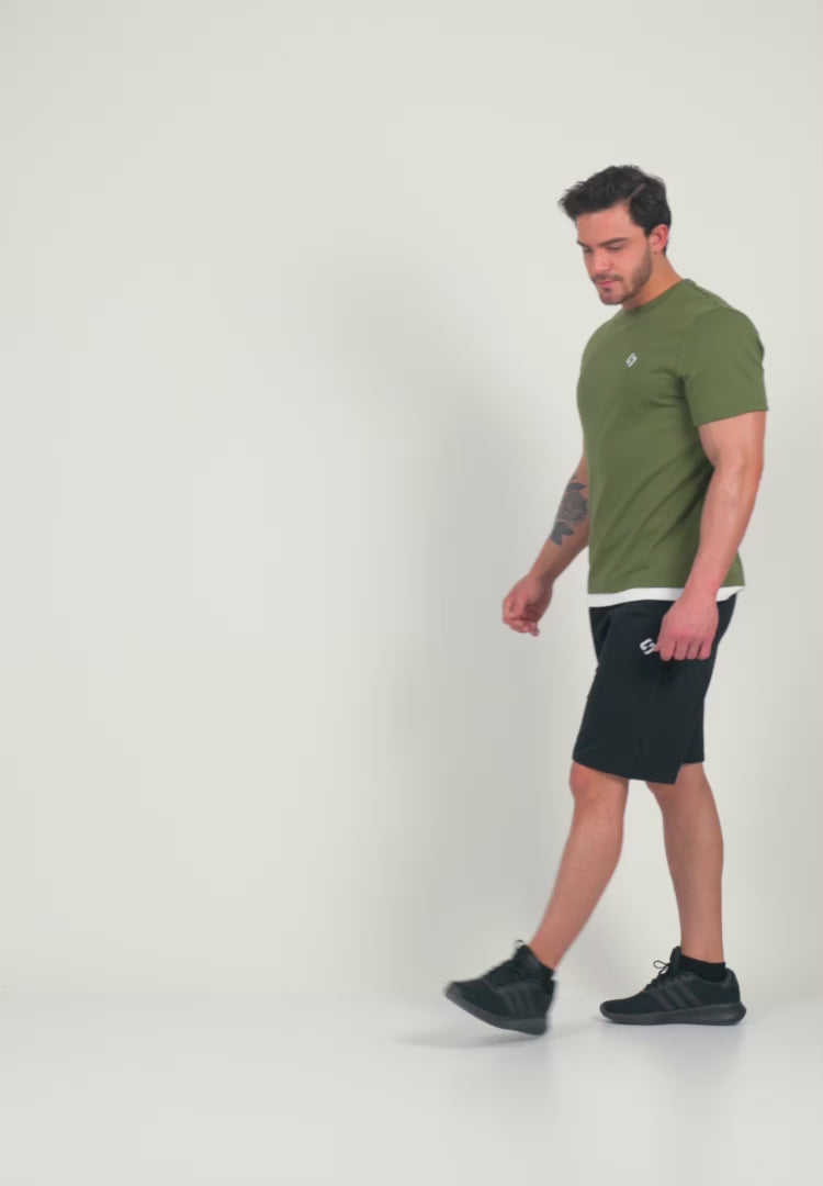 A Man Wearing Zen Khaki Color Men's Layered Heavyweight Crew Neck T-Shirt. Regular Fit