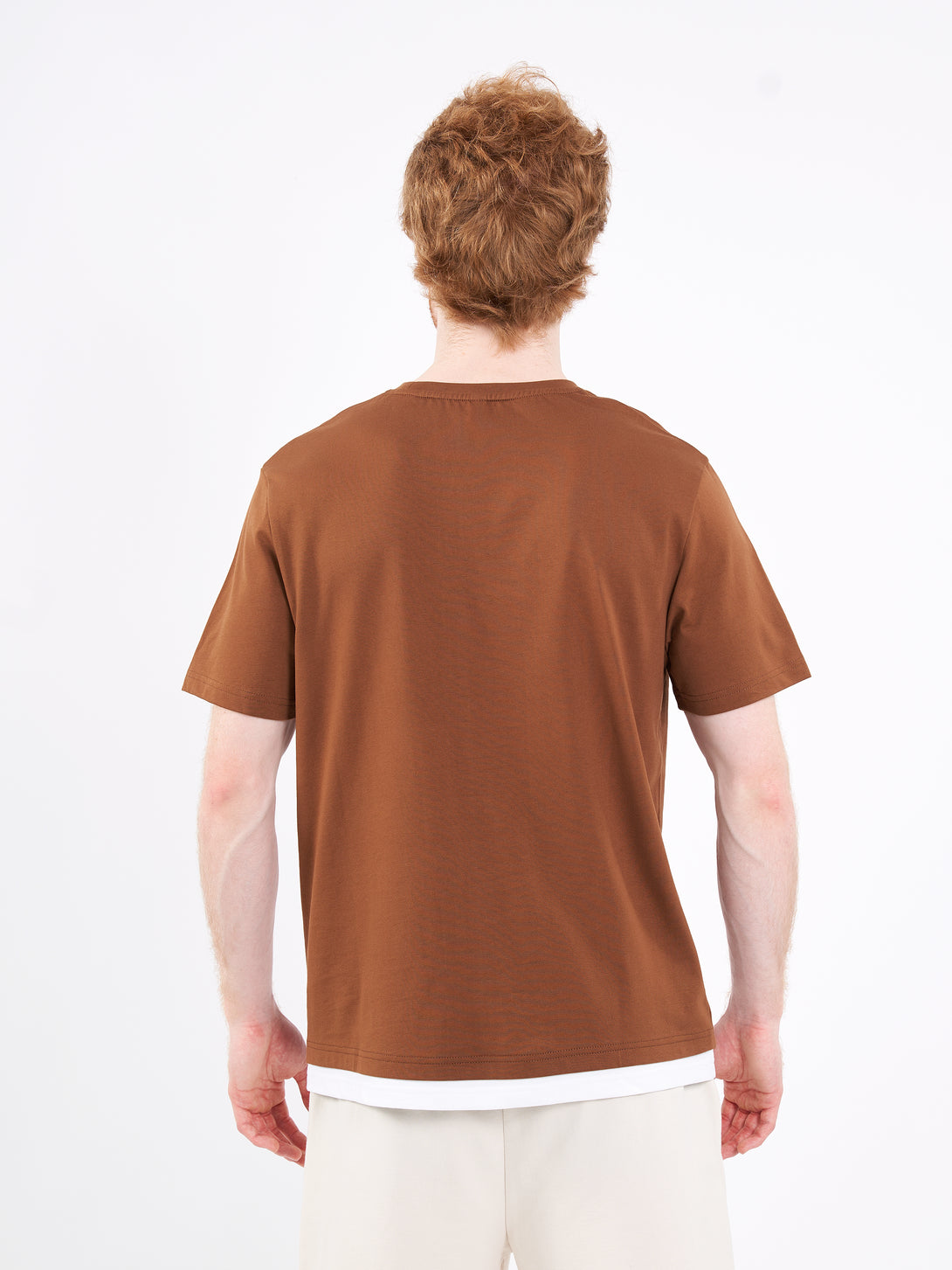 A Man Wearing Toffe Brown Color Men's Layered Heavyweight Crew Neck T-Shirt. Regular Fit