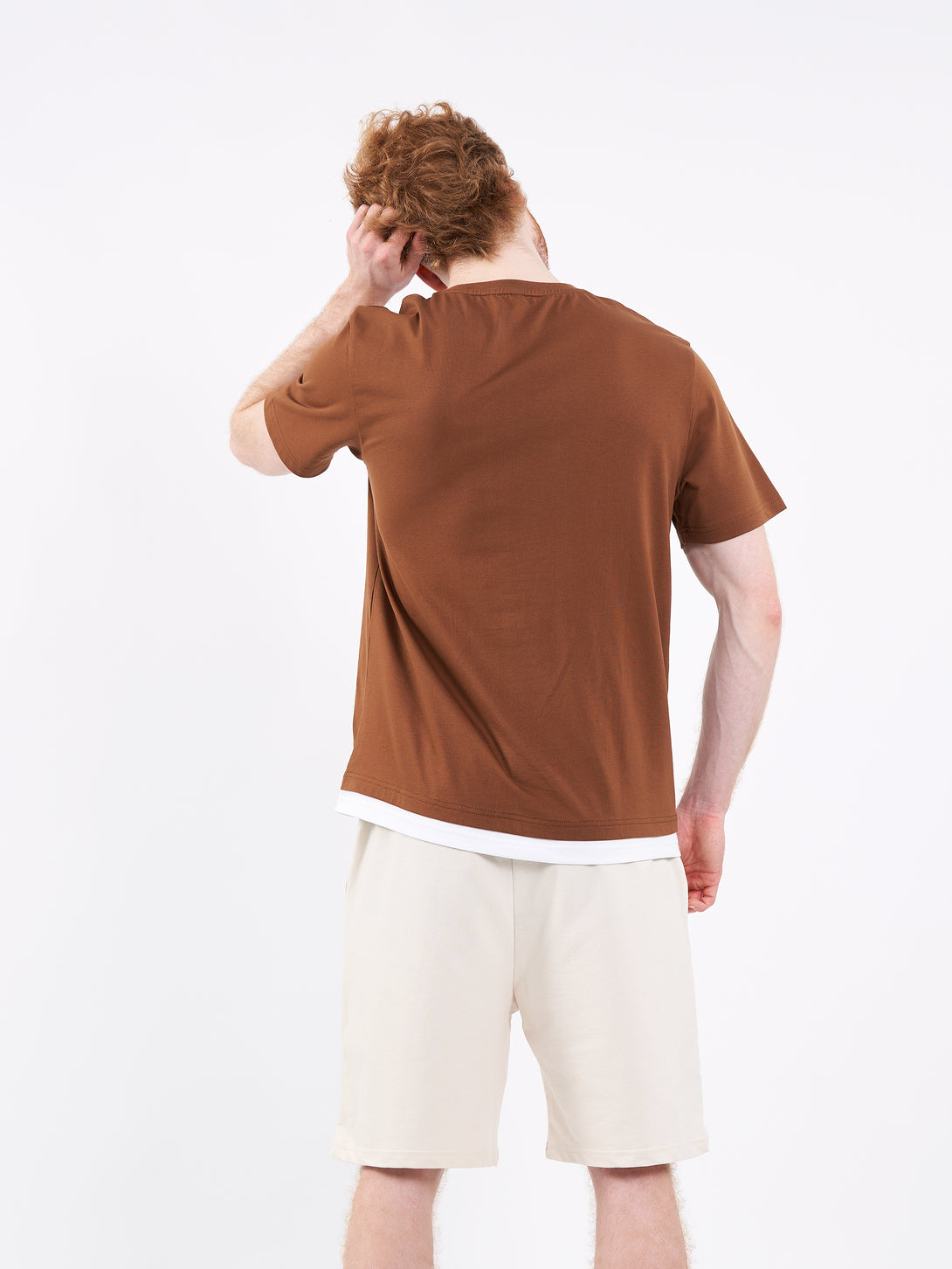A Man Wearing Toffe Brown Color Men's Layered Heavyweight Crew Neck T-Shirt. Regular Fit