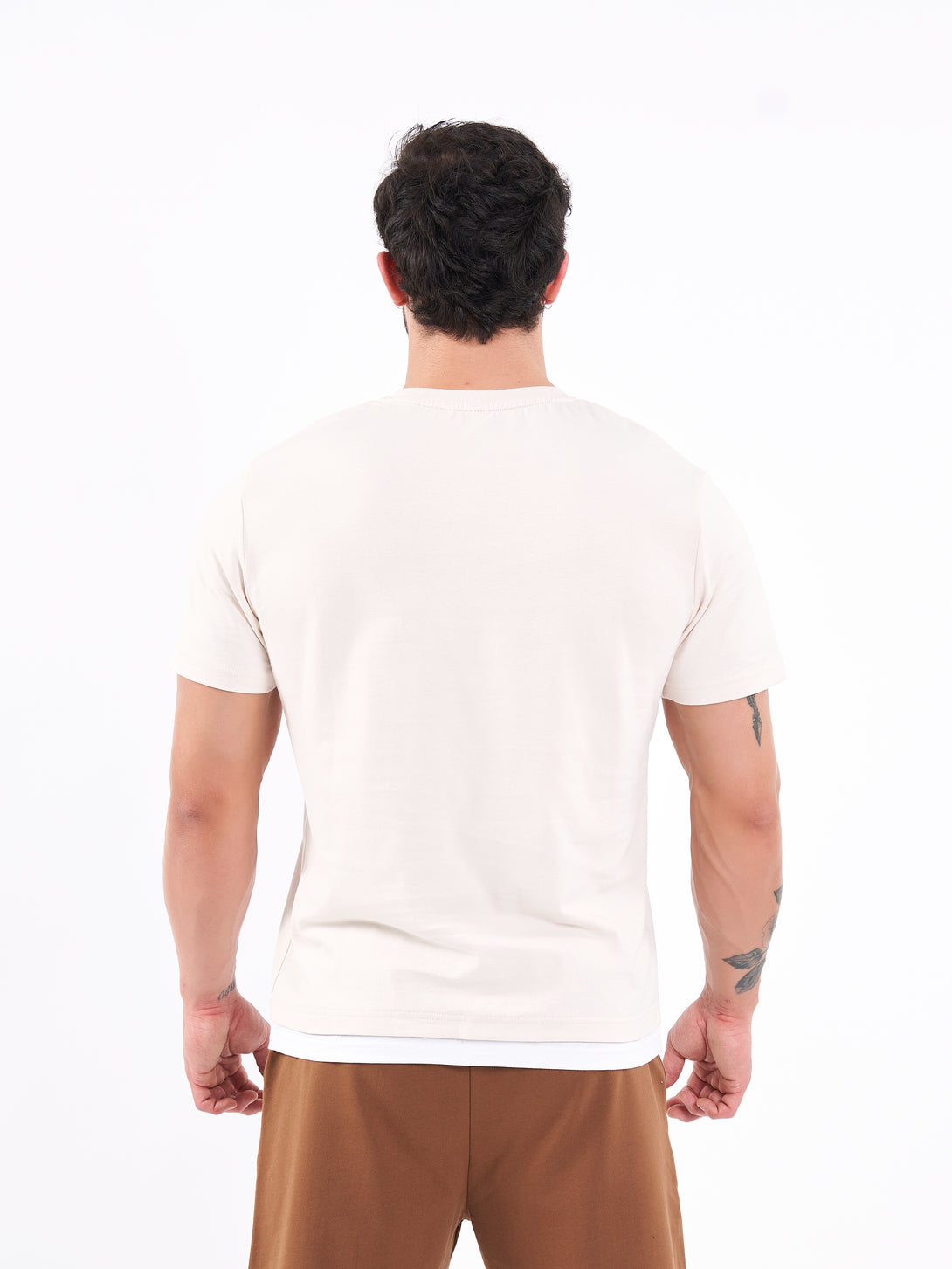 A Man Wearing White Sand Color Men's Layered Heavyweight Crew Neck T-Shirt. Regular Fit
