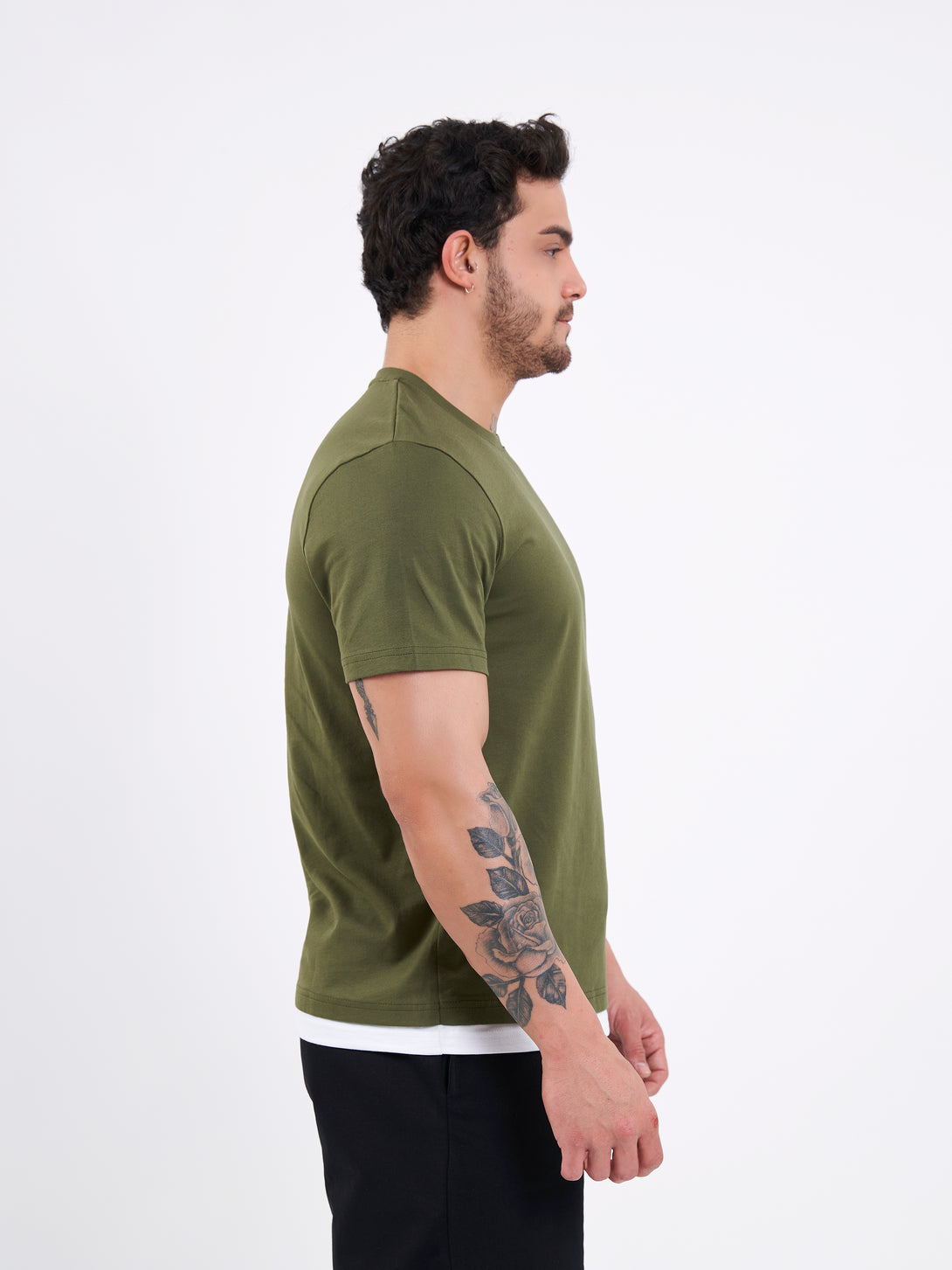 A Man Wearing Zen Khaki Color Men's Layered Heavyweight Crew Neck T-Shirt. Regular Fit