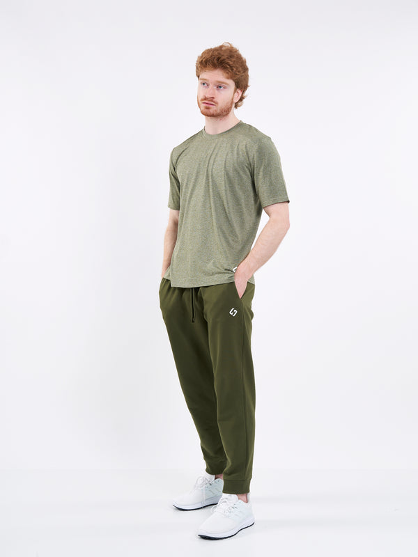 Color_Zen Khaki | A Man Wearing Zen Khaki Color Men's Essential Comfort Joggers. Regular Fit
