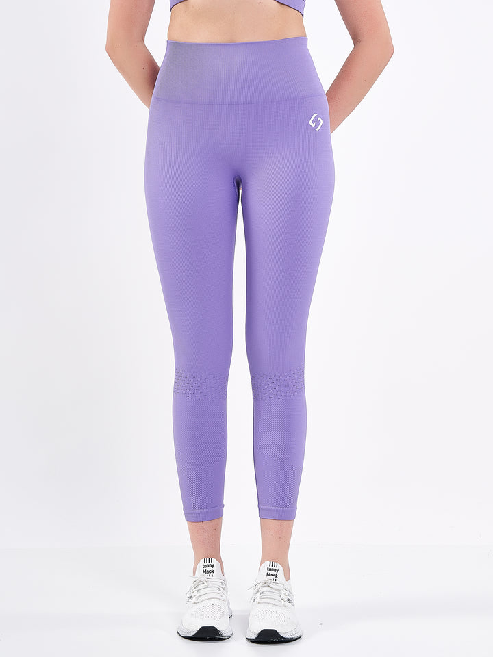 A Woman Wearing Lavender Fields Color Seamless High-Waist Ankle-Length Ribbed Leggings. Super-Soft
