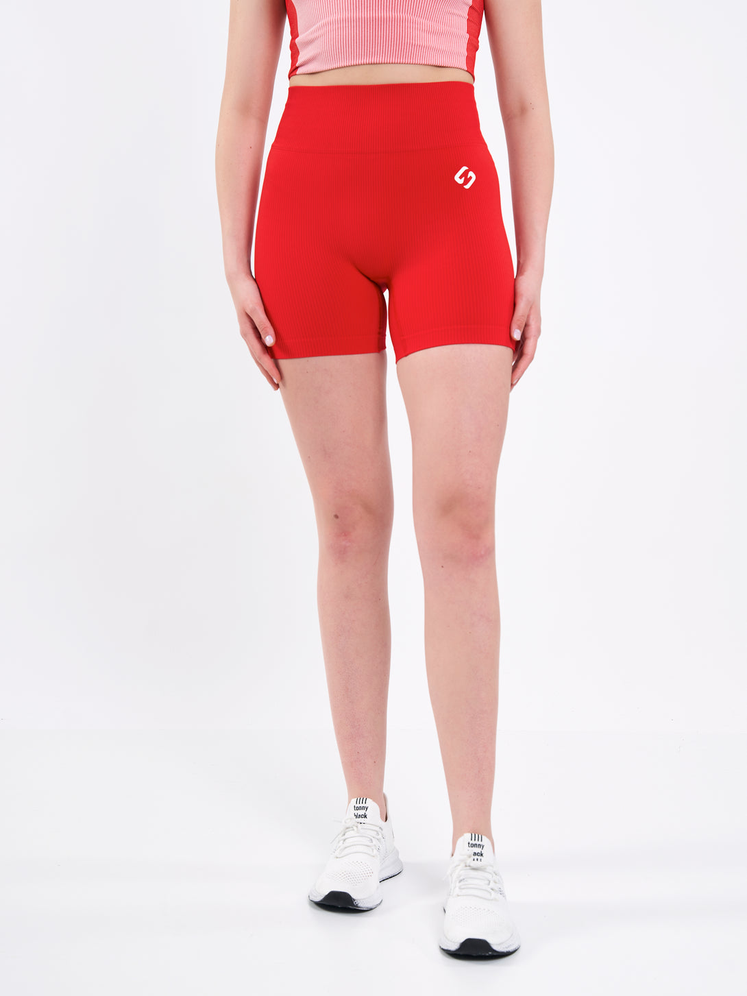 A Woman Wearing Bright Red Color Easy-Move Seamless Ribbed Crop Top for All-Day Wear