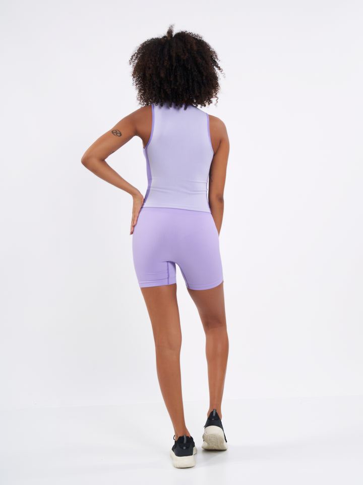 A Woman Wearing Lavender Fields Color Easy-Move Seamless Ribbed Short for All-Day Wear