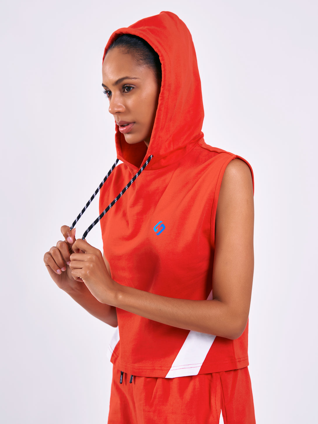 A Woman Wearing Red Color Seamless Lightweight Hoodie