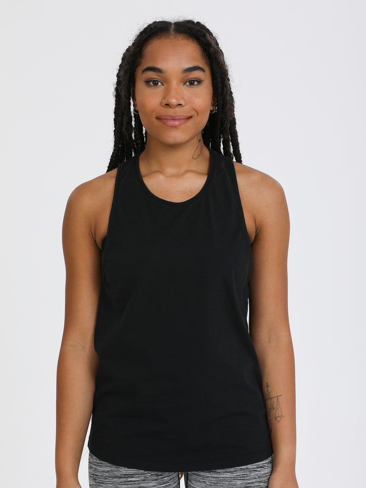 A Woman Wearing Black Color Sporty Jersey Tank Top & Tube Bra Set