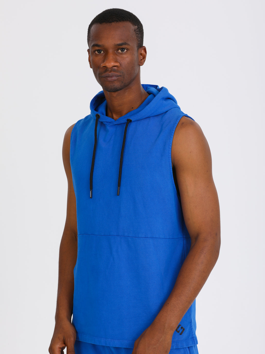 A Men Wearing Lapis Blue The Basic Hooded Vest