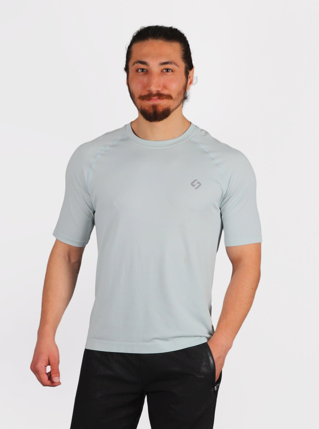 A Man Wearing Baby Blue Color Seamless Workout Comfort T-Shirt