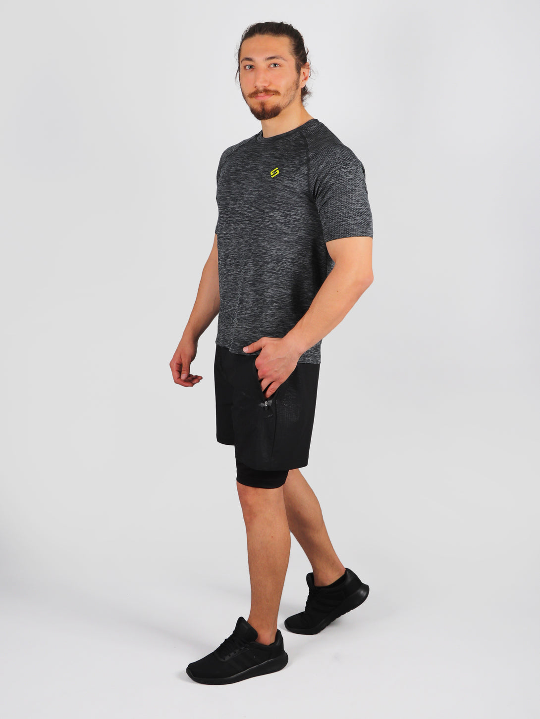 A Man Wearing Black Color Seamless Workout Comfort T-Shirt