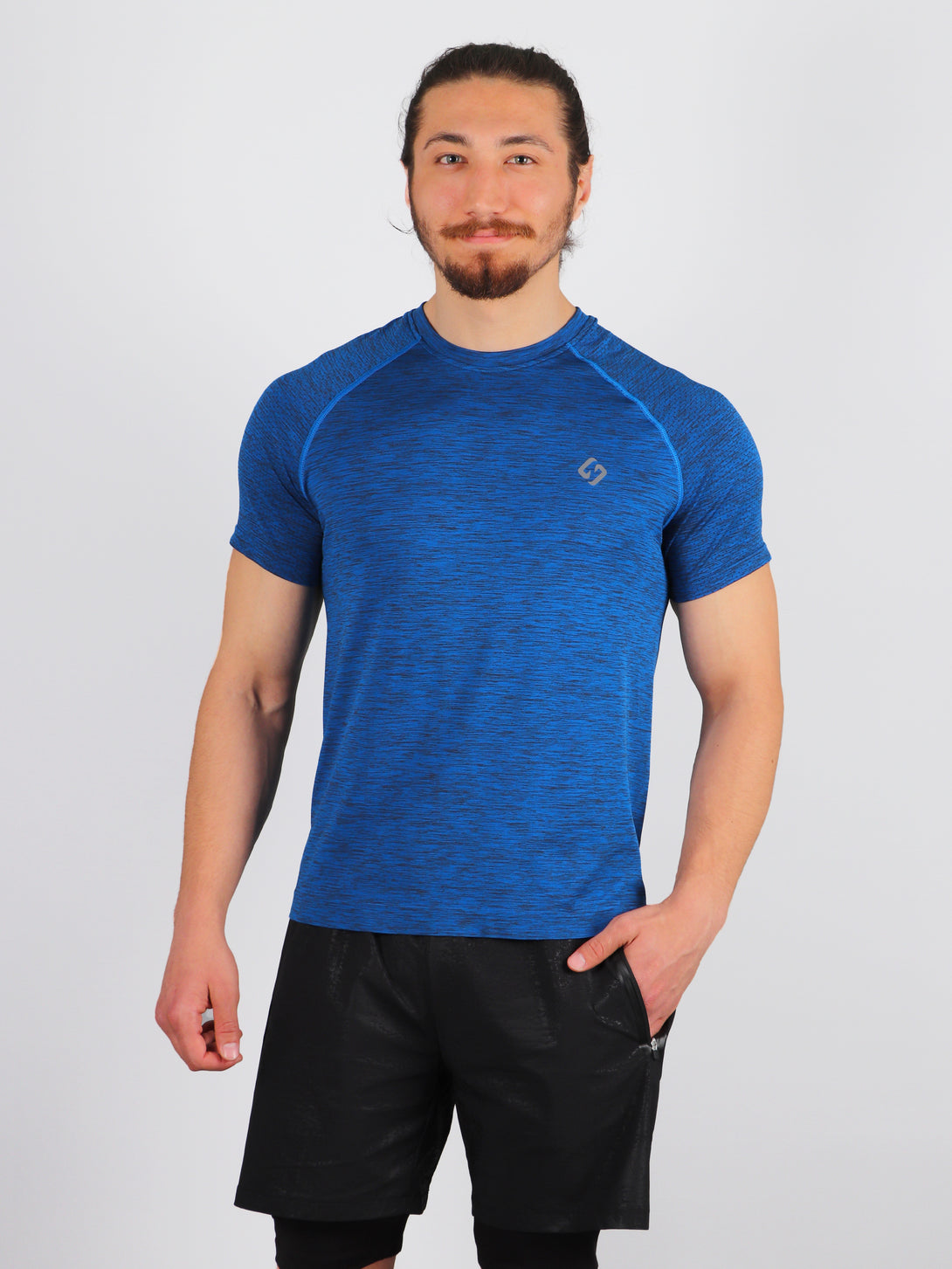 A Man Wearing Lapis Blue Color Seamless Workout Comfort T-Shirt