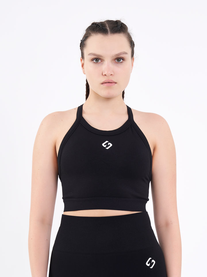 A Woman Wearing Deep Black Color Zen Perfect Seamless High-Impact Sports Bra With Padding