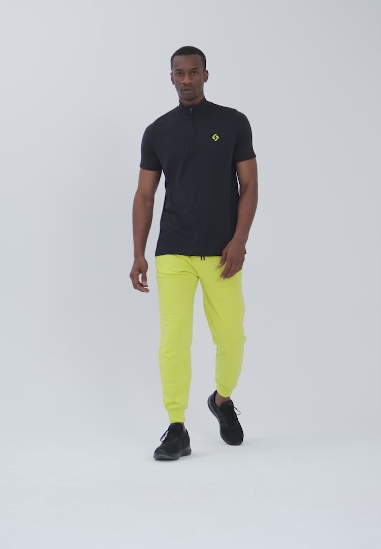 Color_Black | A Man Wearing Black Color Seamless Short Sleeve Zipped T-Shirt