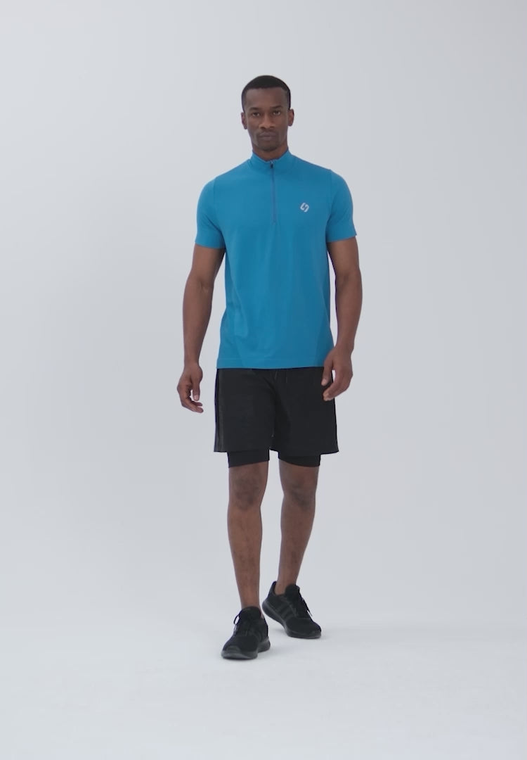 Color_Saxony Blue | A Man Wearing Saxony Blue Color Seamless Short Sleeve Zipped T-Shirt
