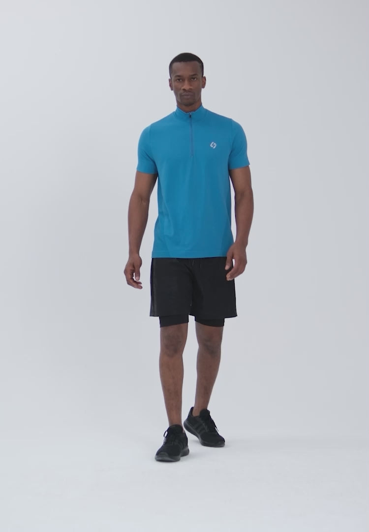 Color_Lapis Blue | A Man Wearing Lapis Blue Color Seamless Short Sleeve Zipped T-Shirt