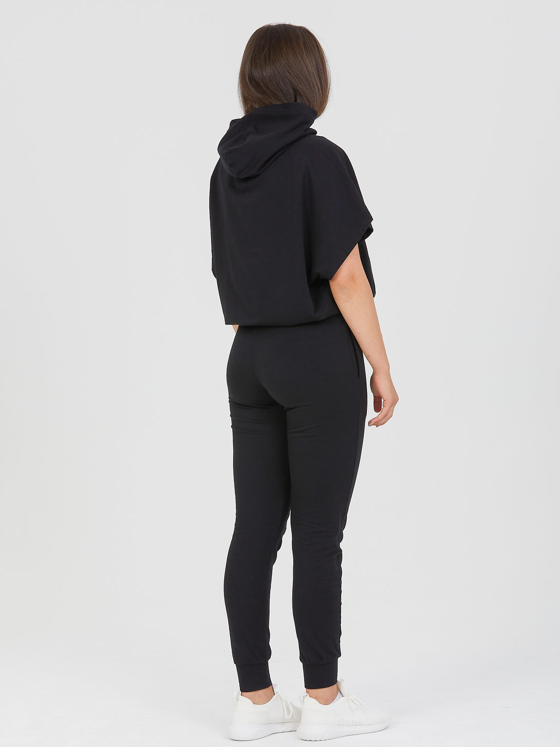 A Woman Wearing BlackColor All-Day Essential Sweatshirt