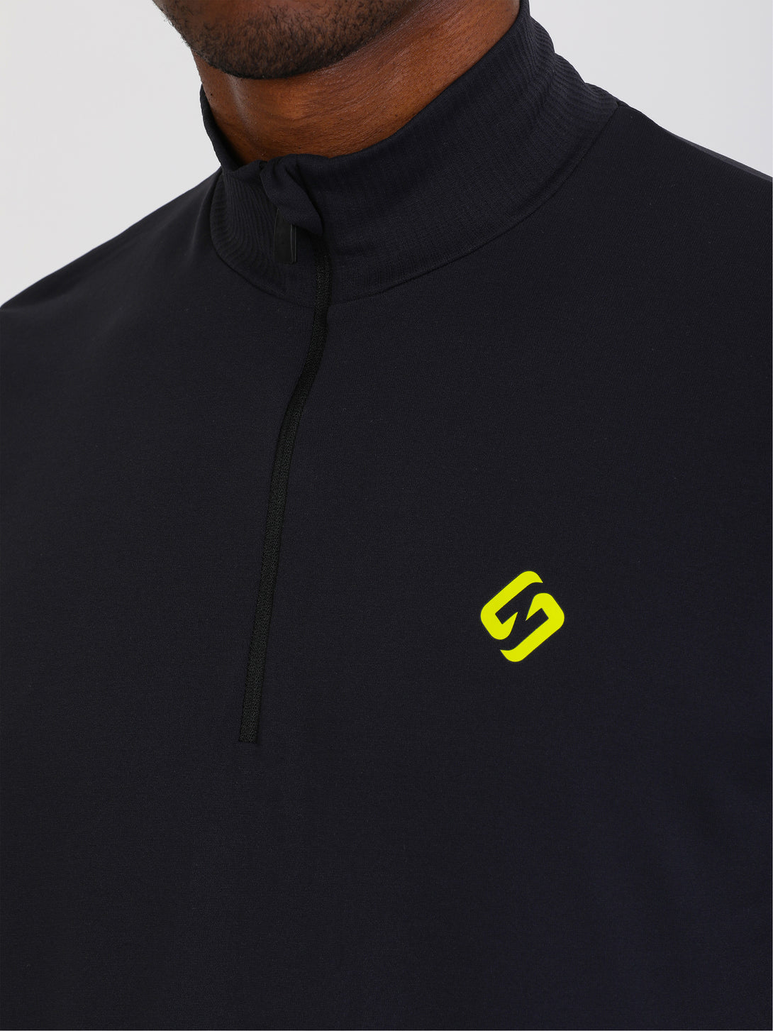 A Man Wearing Black Color Seamless Short Sleeve Zipped T-Shirt