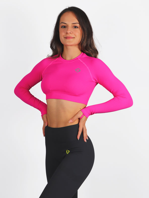 Color_Beetroot | A Woman Wearing Beetroot Color The Main Long Sleeve Crop Top