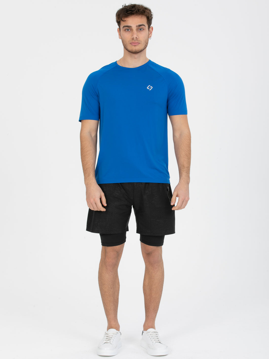 A Man Wearing Lapis Blue Color Seamless The Motion T-Shirt